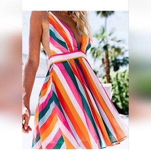 Pink and Orange Plunge Neck Backless Sundress